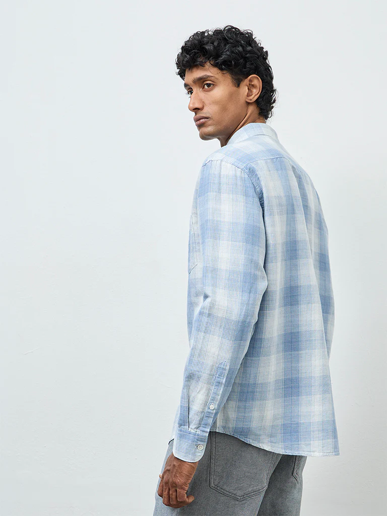 WES Casuals Light Blue Check Relaxed Fit Cotton-Blend Shirt - Image 4