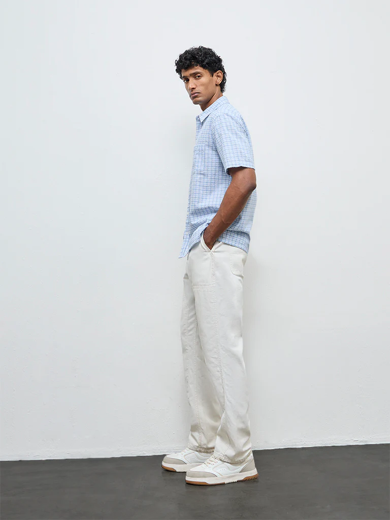 WES Casuals Light Blue Check Relaxed Fit Cotton Shirt - Image 3