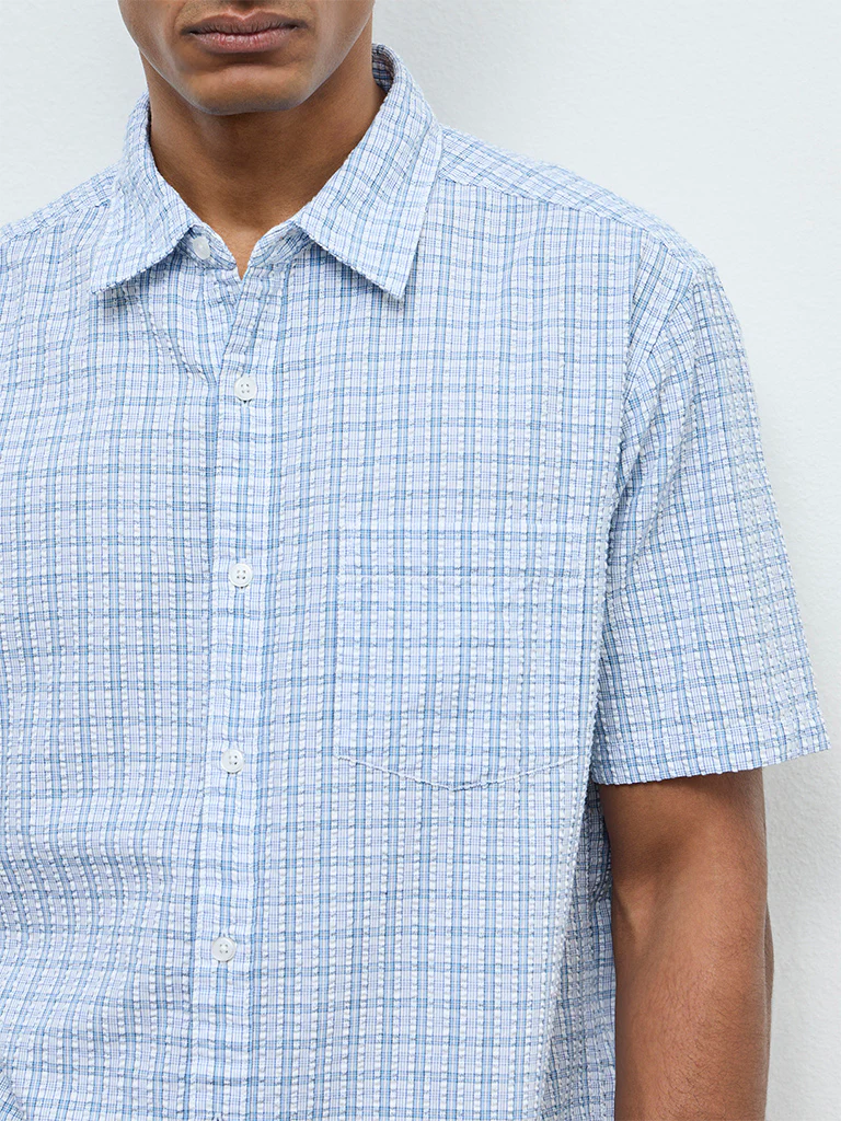 WES Casuals Light Blue Check Relaxed Fit Cotton Shirt - Image 4