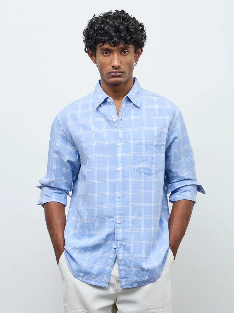 WES Casuals Light Blue Checkered Relaxed Fit Cotton-Blend Shirt - Image 2