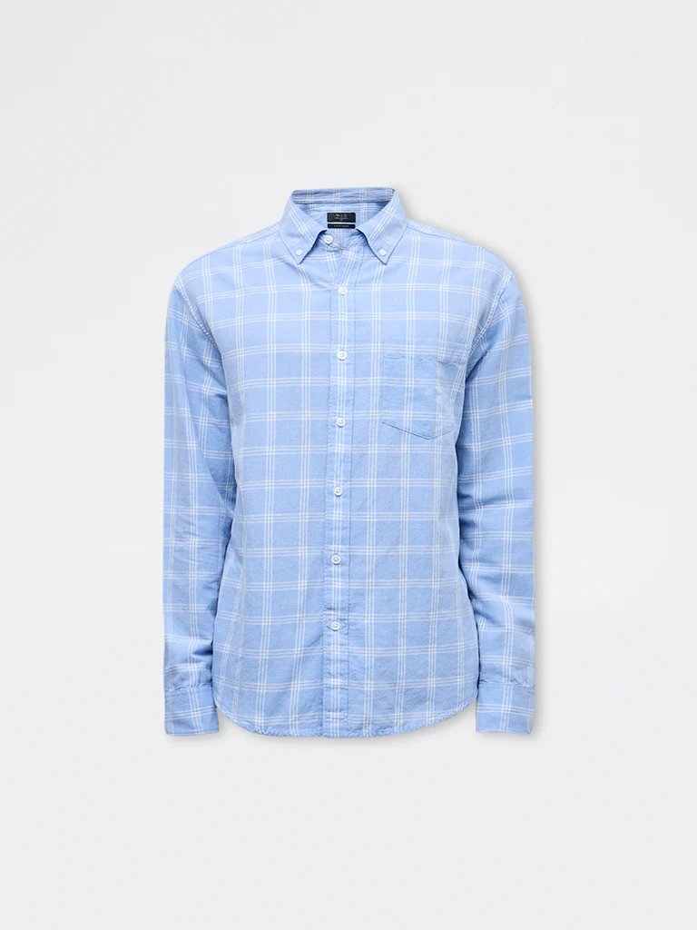 WES Casuals Light Blue Checkered Relaxed Fit Cotton-Blend Shirt - Image 5