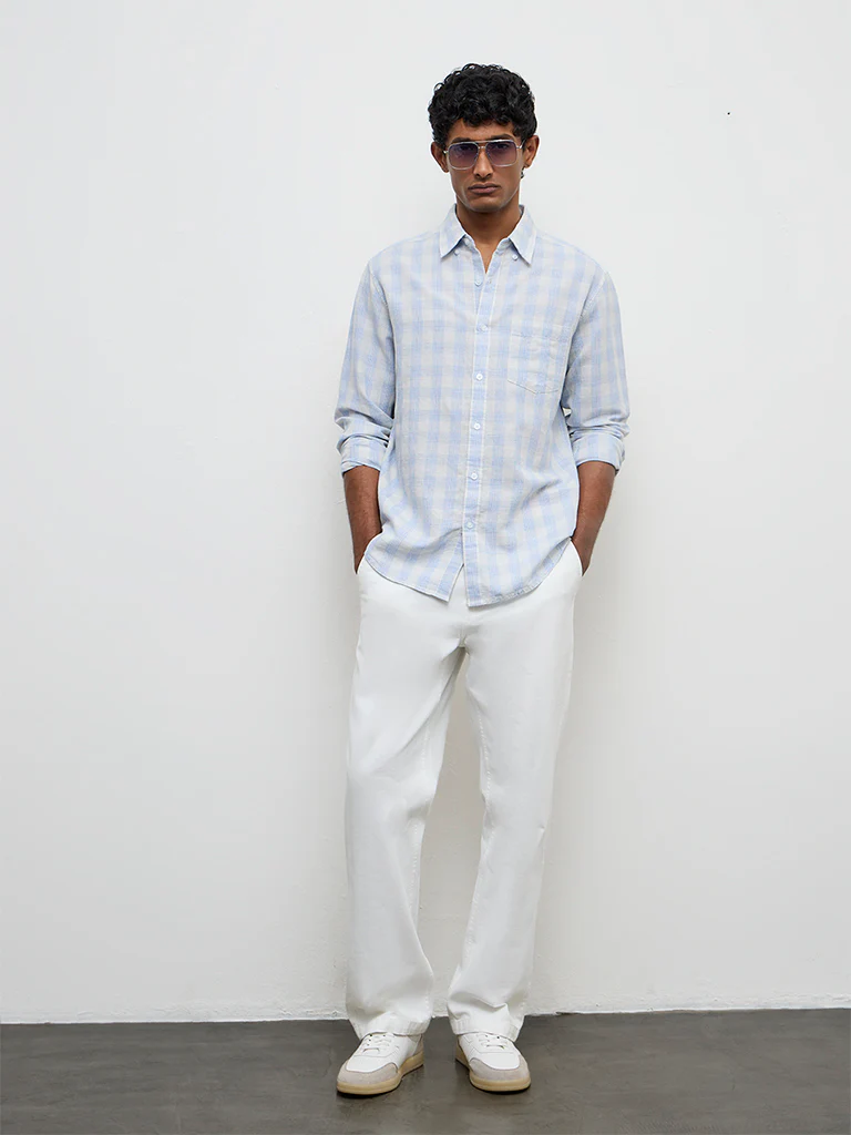 WES Casuals Light Blue Checkered Relaxed-Fit Cotton-Blend Shirt