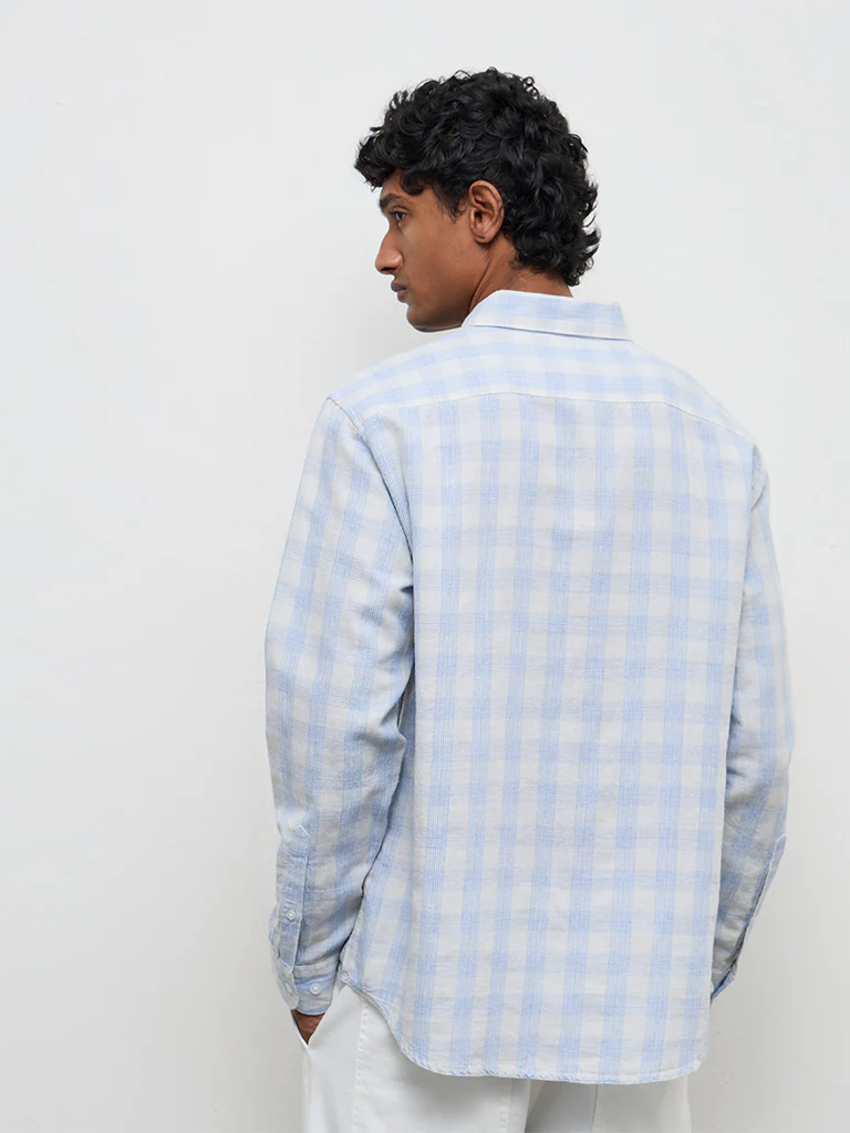 WES Casuals Light Blue Checkered Relaxed-Fit Cotton-Blend Shirt - Image 4
