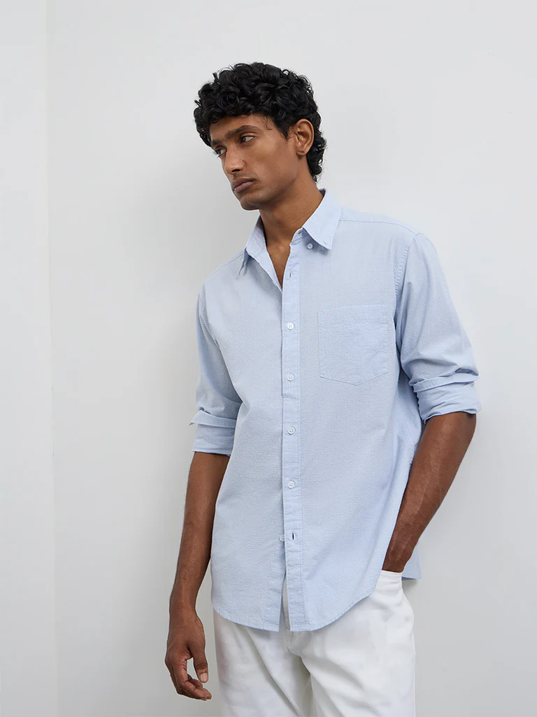 WES Casuals Light Blue Checkered Relaxed-Fit Cotton Shirt - Image 2