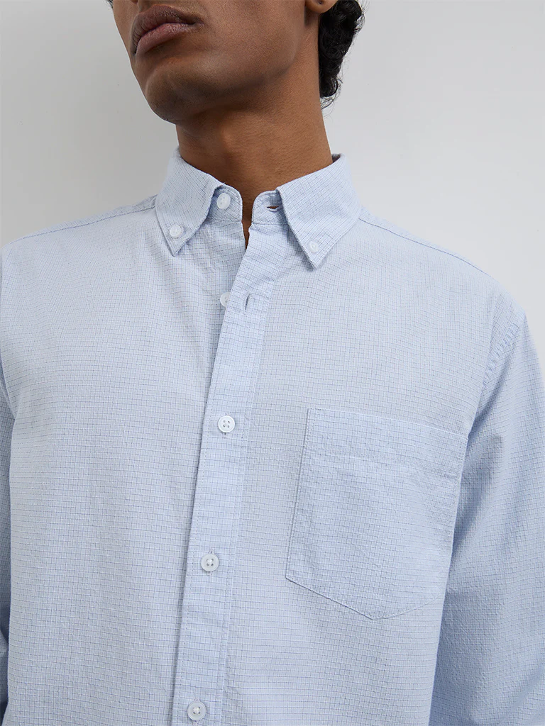WES Casuals Light Blue Checkered Relaxed-Fit Cotton Shirt - Image 3
