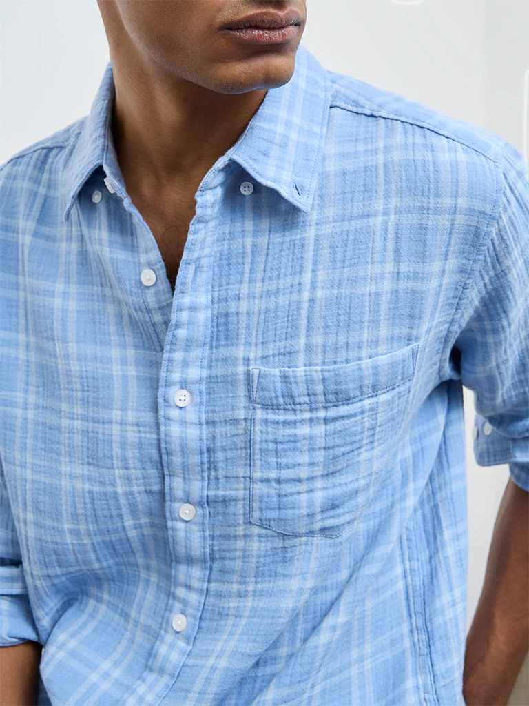 WES Casuals Light Blue Checks Relaxed-Fit Cotton Shirt - Image 4