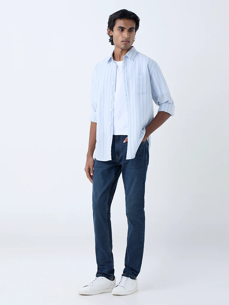WES Casuals Light Blue Pinstriped Relaxed-Fit Cotton-Blend Shirt - Image 2