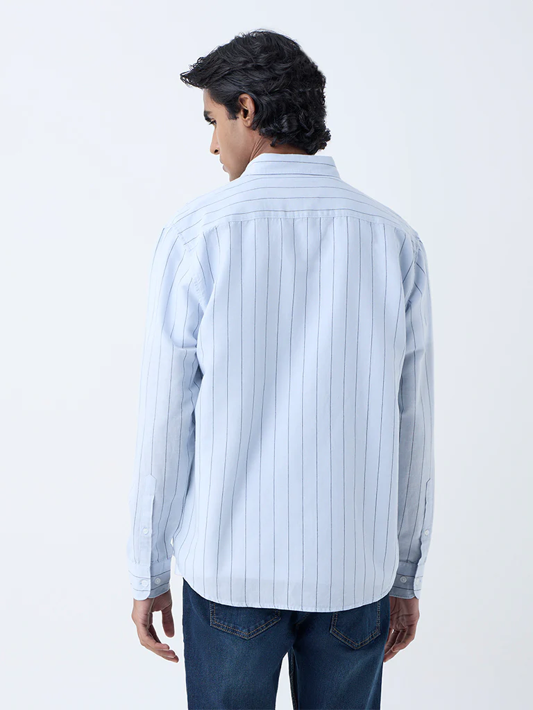 WES Casuals Light Blue Pinstriped Relaxed-Fit Cotton-Blend Shirt - Image 4