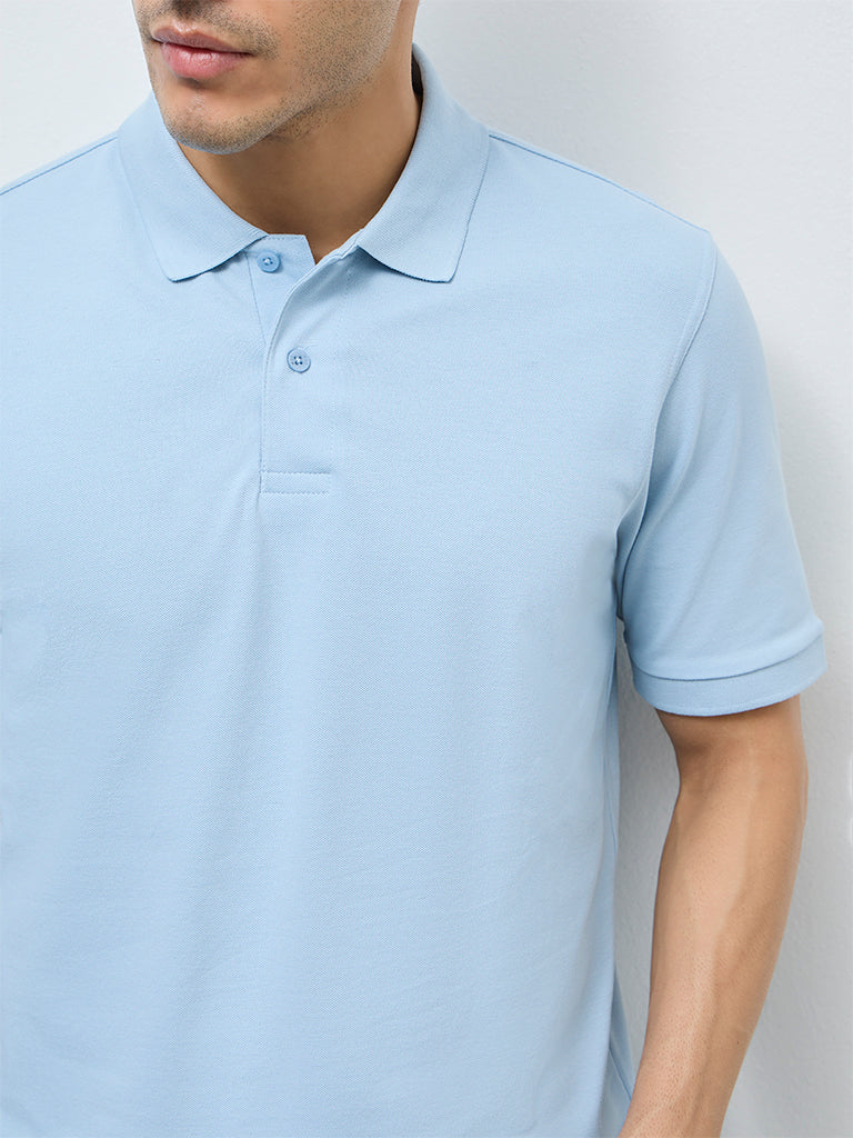 WES Casuals Light Blue Relaxed-Fit Cotton-Blend Polo T-Shirt - Image 4