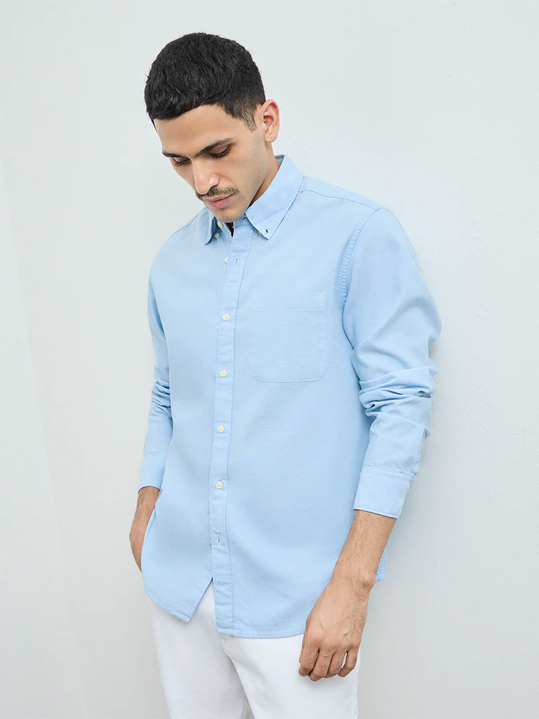 WES Casuals Light Blue Solid Relaxed-Fit Cotton Shirt