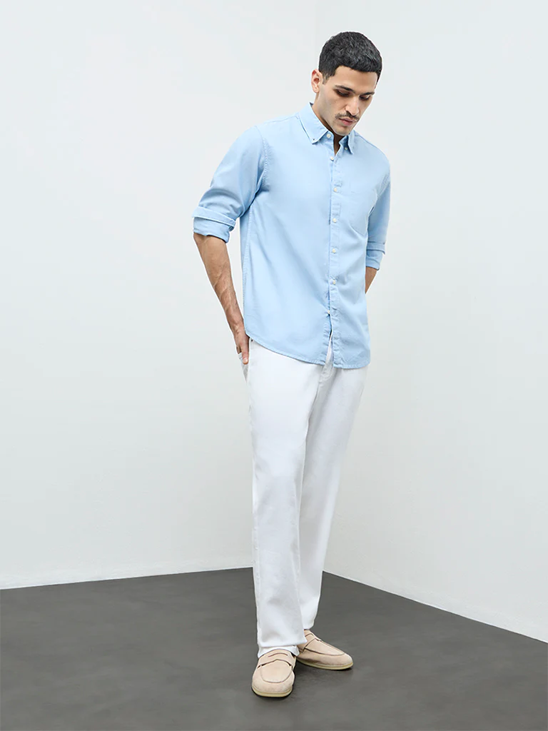 WES Casuals Light Blue Solid Relaxed-Fit Cotton Shirt - Image 3