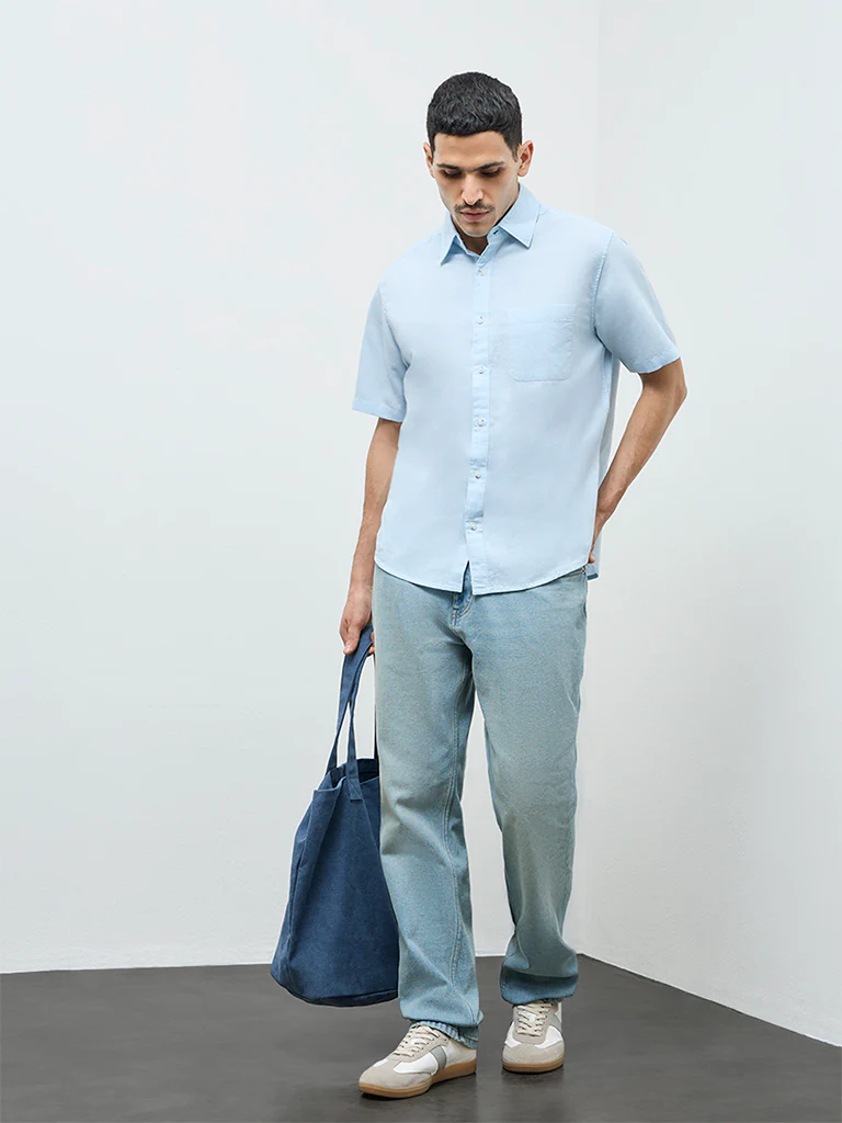WES Casuals Light Blue Solid Relaxed-Fit Linen-Blend Shirt - Image 3