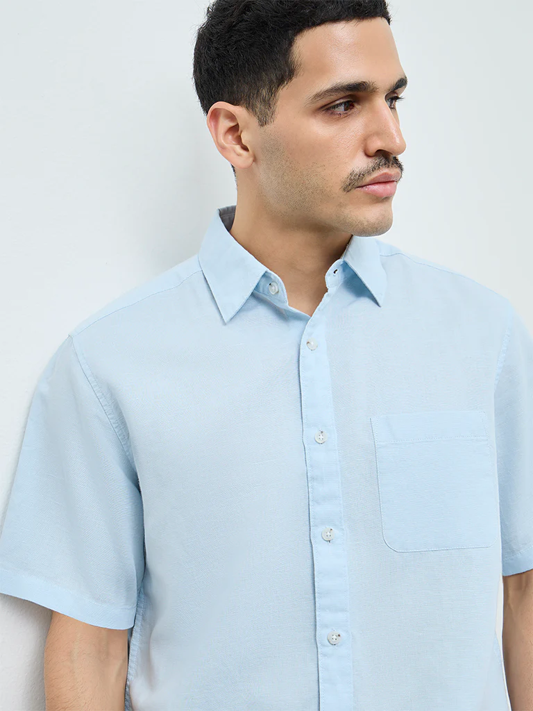 WES Casuals Light Blue Solid Relaxed-Fit Linen-Blend Shirt - Image 4