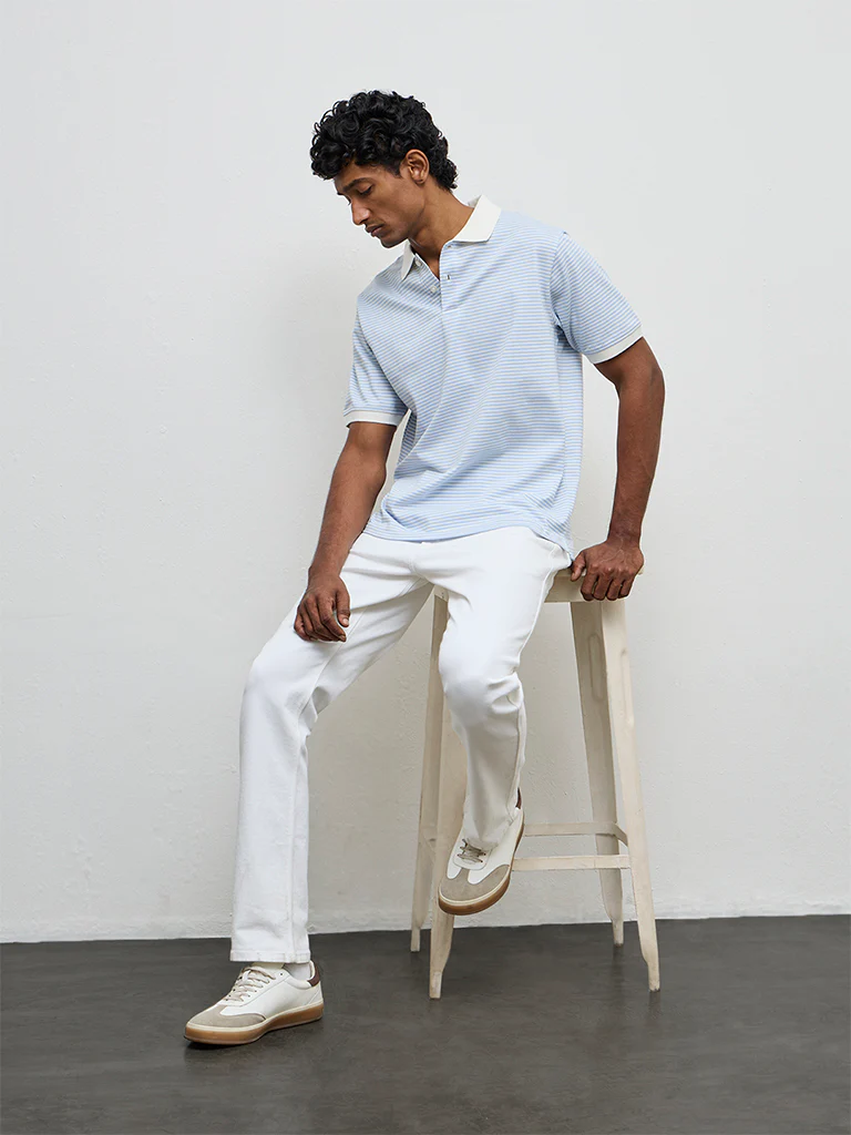 WES Casuals Light Blue Striped Relaxed-Fit Cotton-Blend Polo T-Shirt - Image 3