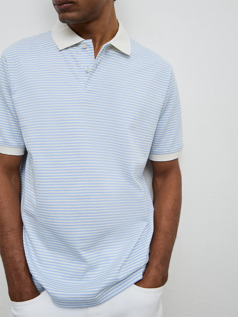 WES Casuals Light Blue Striped Relaxed-Fit Cotton-Blend Polo T-Shirt - Image 4