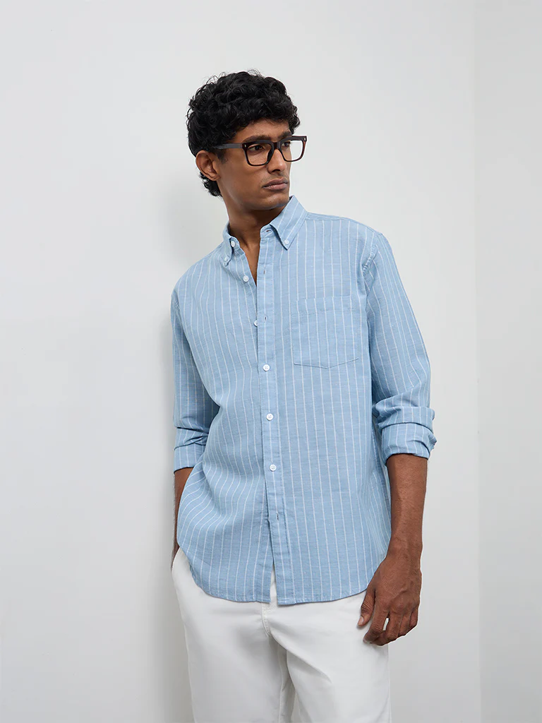 WES Casuals Light Blue Striped Relaxed-Fit Cotton-Blend Shirt - Image 2