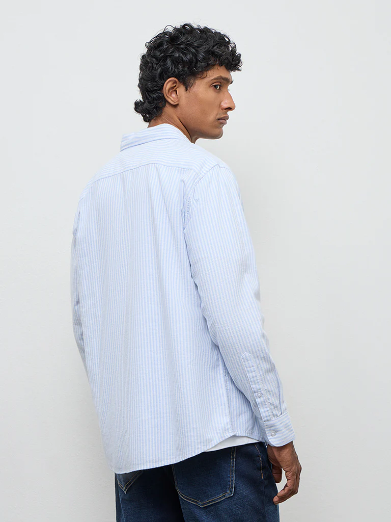 WES Casuals Light Blue Striped Relaxed-Fit Cotton Shirt - Image 4
