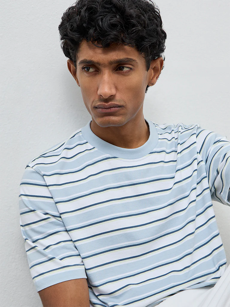 WES Casuals Light Blue Striped Relaxed Fit Cotton T-Shirt - Image 4