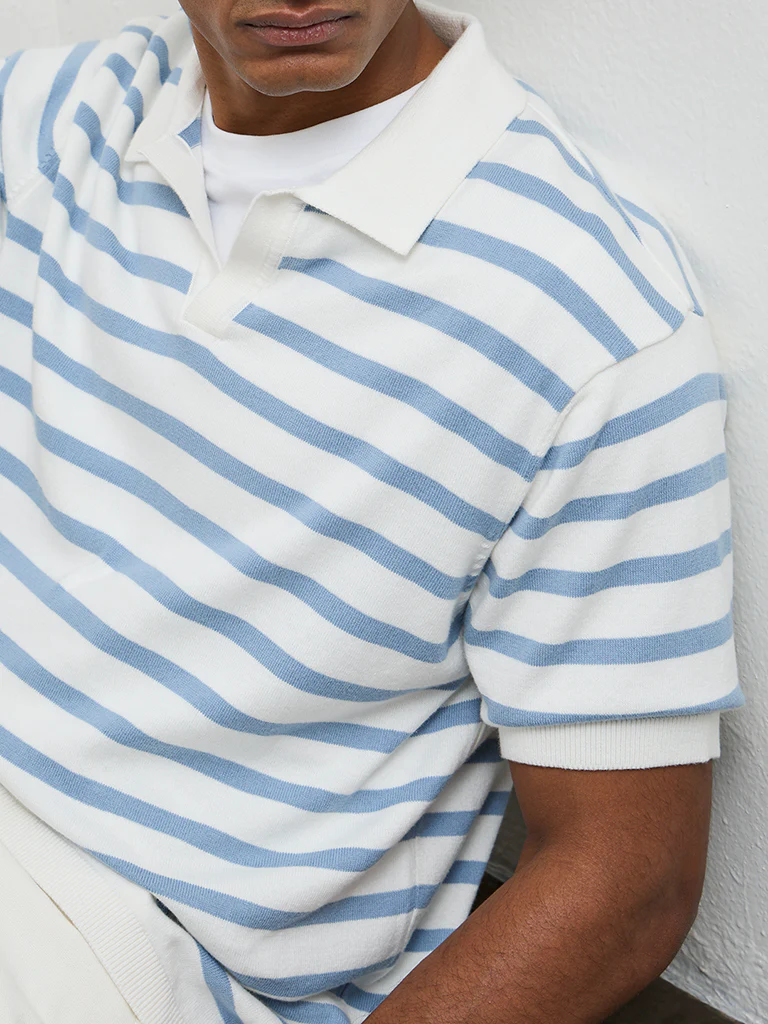 WES Casuals Light Blue Striped Relaxed-Fit Cotton T-Shirt - Image 4