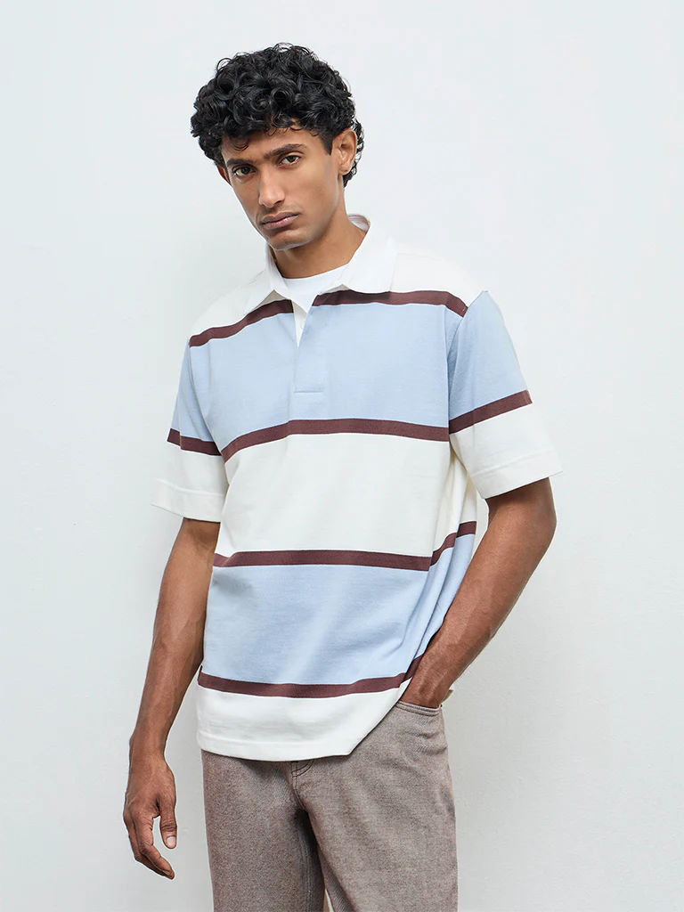 WES Casuals Light Blue Striped Relaxed Fit Polo T-Shirt - Image 3