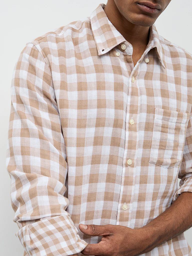 WES Casuals Light Brown Checked Relaxed Fit Cotton Shirt - Image 3