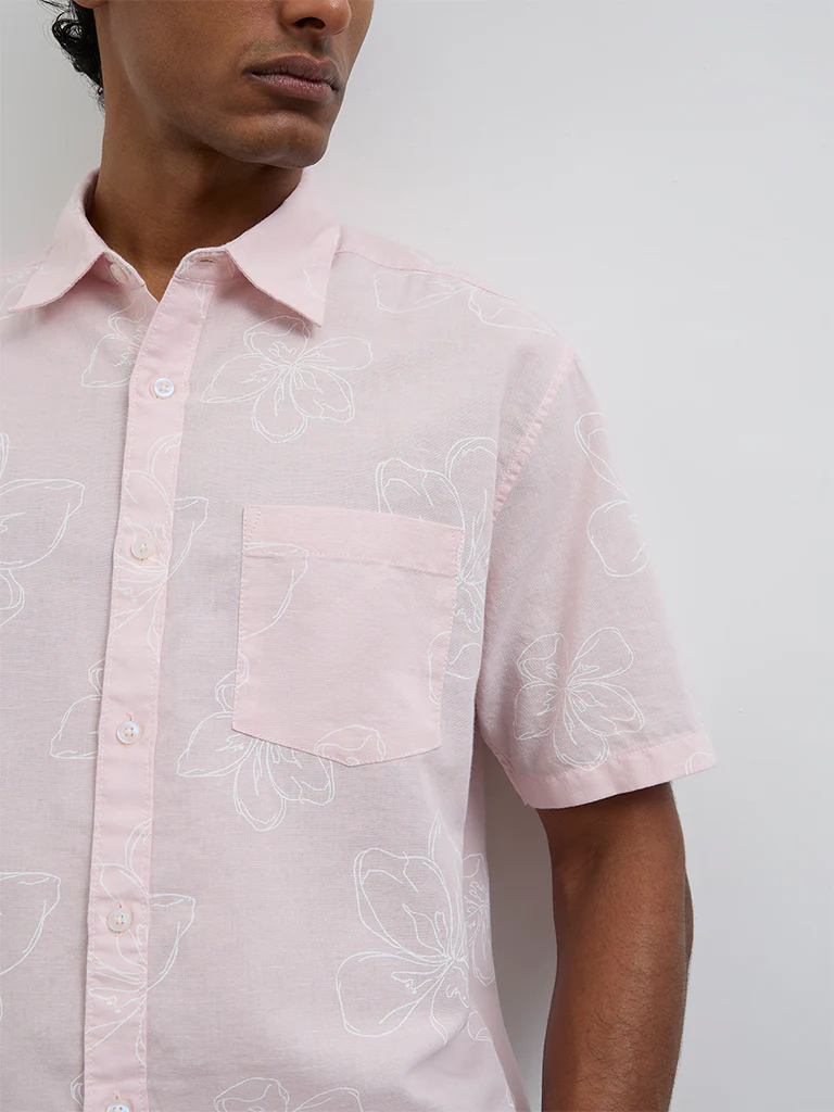 WES Casuals Light Pink Floral Relaxed-Fit Cotton-Blend Shirt - Image 3