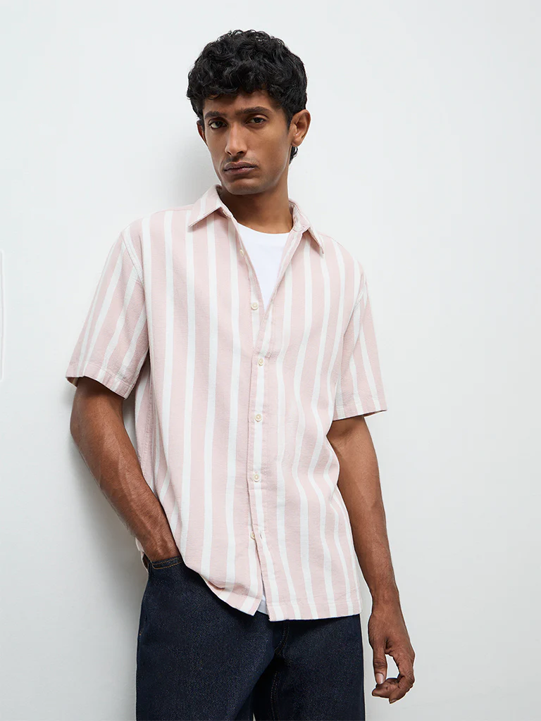WES Casuals Light Pink Striped Relaxed-Fit Cotton Shirt