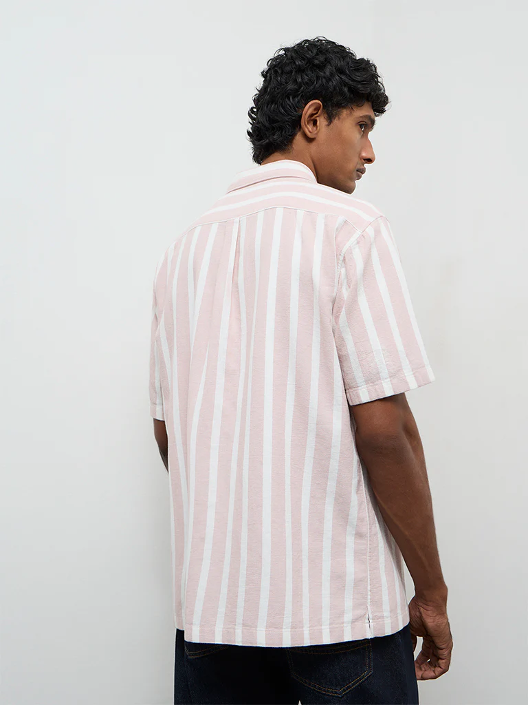 WES Casuals Light Pink Striped Relaxed-Fit Cotton Shirt - Image 5