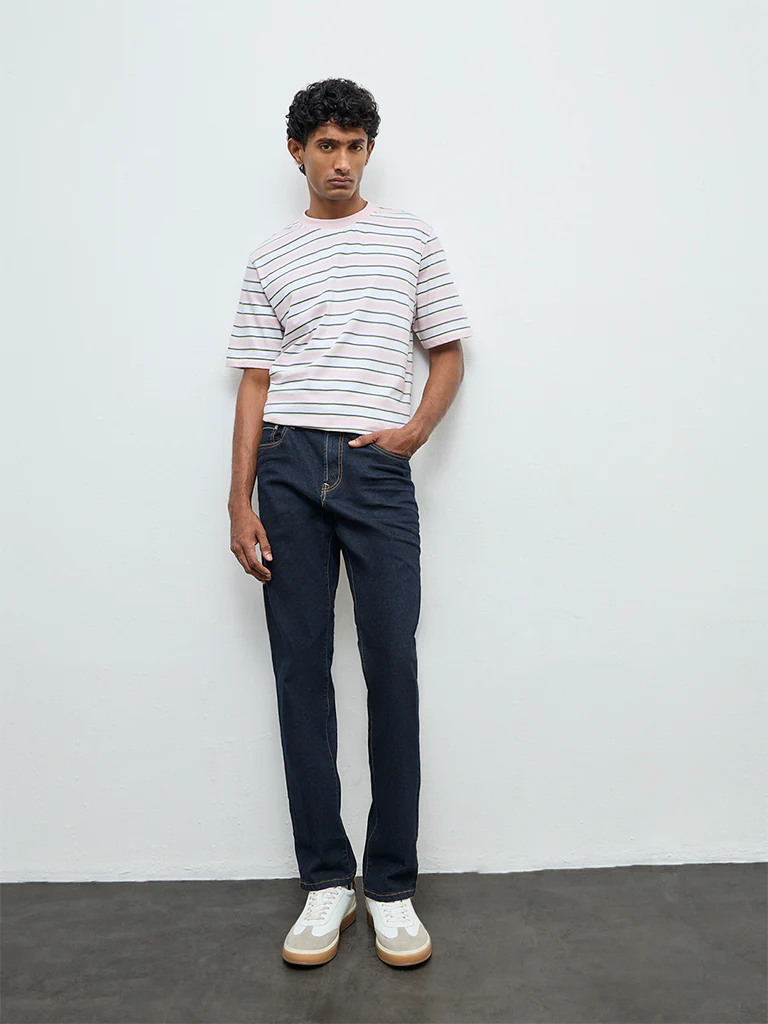 WES Casuals Light Pink Striped Relaxed Fit Cotton T-Shirt - Image 3