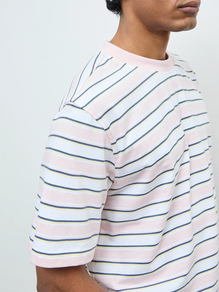 WES Casuals Light Pink Striped Relaxed Fit Cotton T-Shirt - Image 4