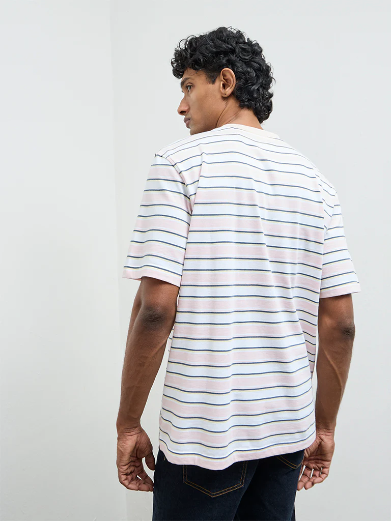 WES Casuals Light Pink Striped Relaxed Fit Cotton T-Shirt - Image 5