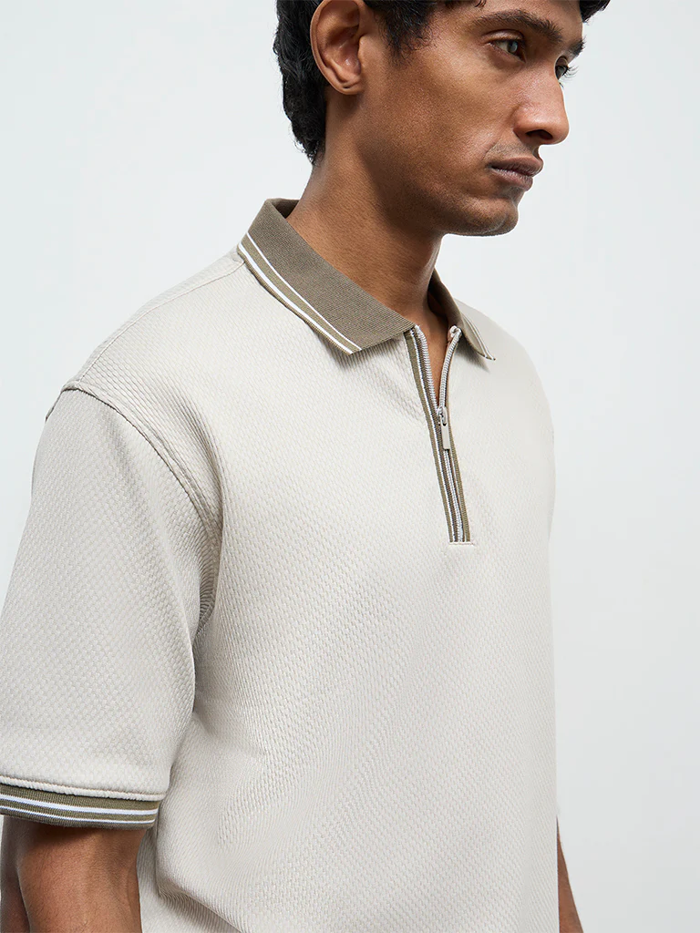 WES Casuals Light Taupe Relaxed-Fit Cotton-Blend Polo T-Shirt - Image 4