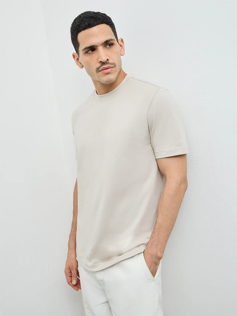 WES Casuals Light Taupe Solid Slim-Fit Cotton T-Shirt