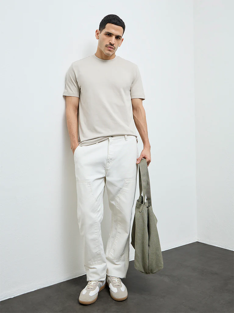 WES Casuals Light Taupe Solid Slim-Fit Cotton T-Shirt - Image 3
