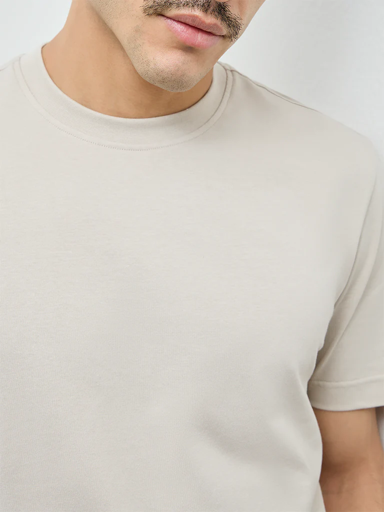 WES Casuals Light Taupe Solid Slim-Fit Cotton T-Shirt - Image 4