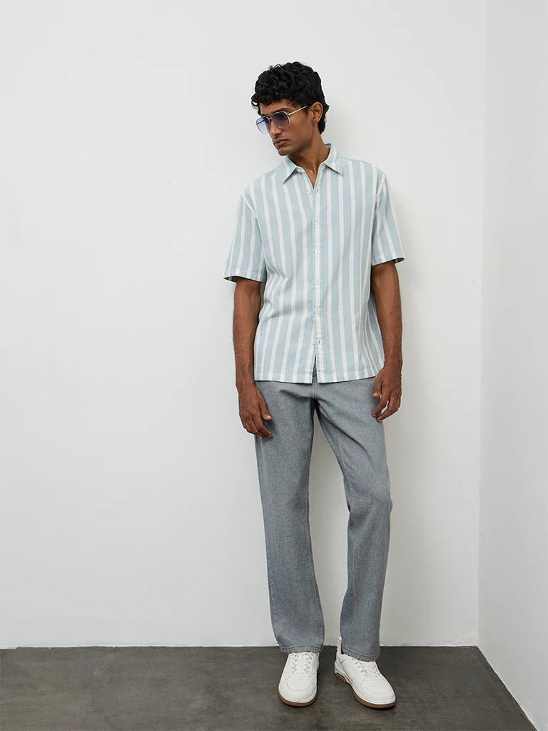 WES Casuals Light Teal Striped Relaxed-Fit Cotton Shirt