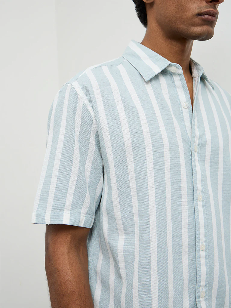 WES Casuals Light Teal Striped Relaxed-Fit Cotton Shirt - Image 4