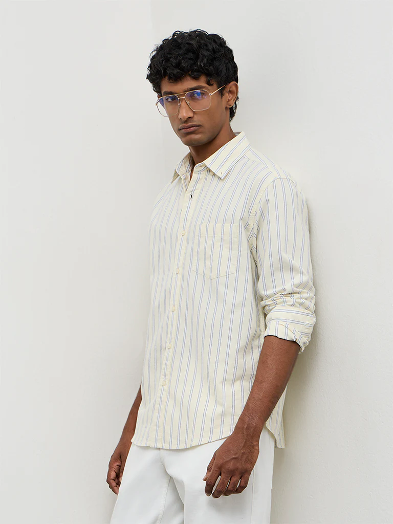 WES Casuals Light Yellow Striped Relaxed-Fit Cotton Shirt - Image 2