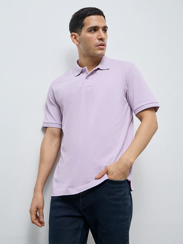 WES Casuals Lilac Relaxed-Fit Cotton-Blend Polo T-Shirt - Image 3