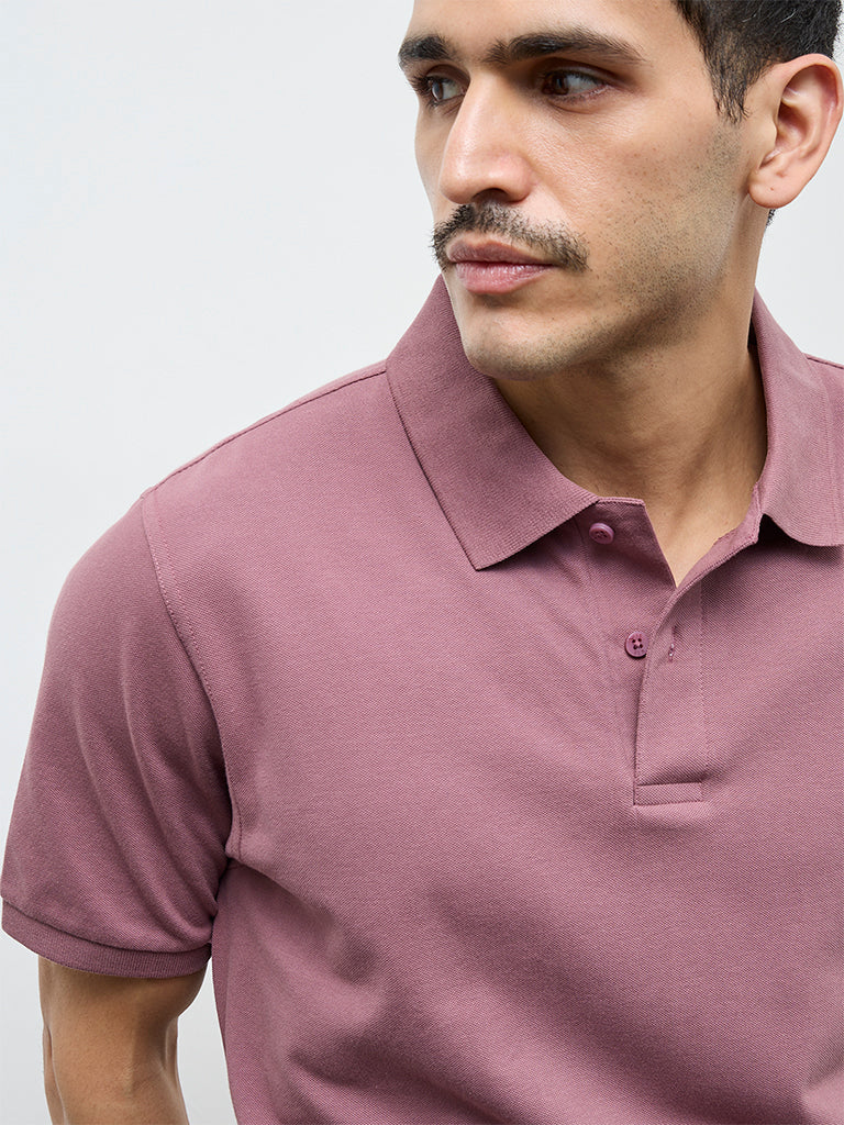 WES Casuals Mauve Relaxed-Fit Cotton-Blend Polo T-Shirt - Image 4