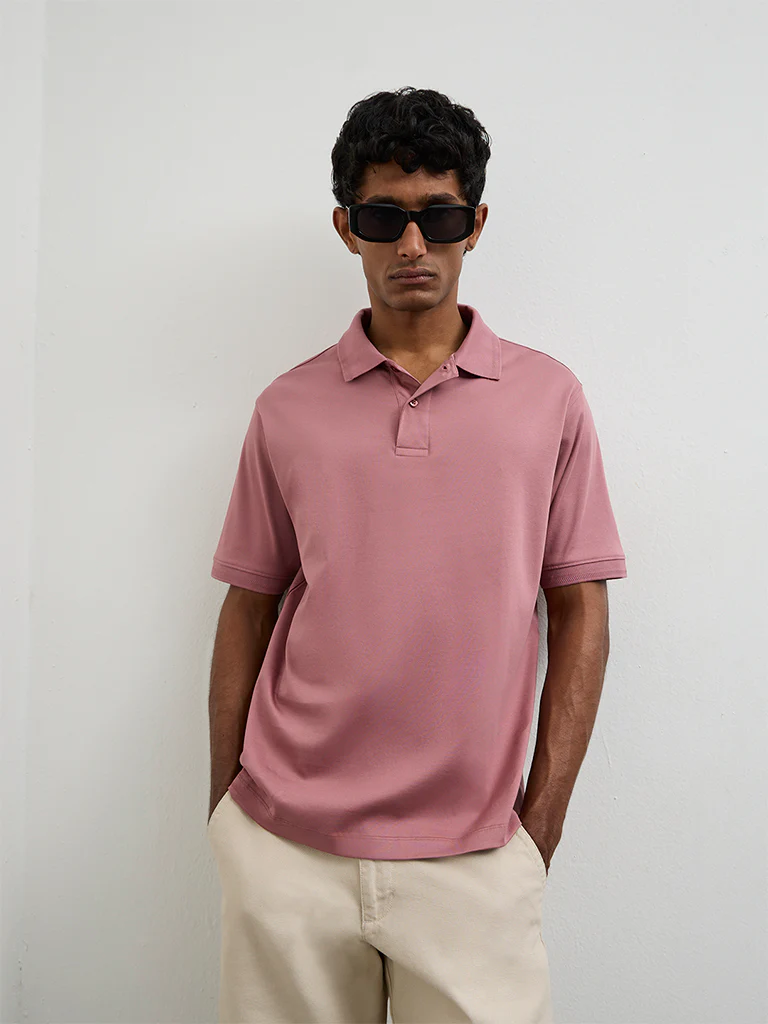 WES Casuals Mauve Relaxed-Fit Cotton Polo T-Shirt