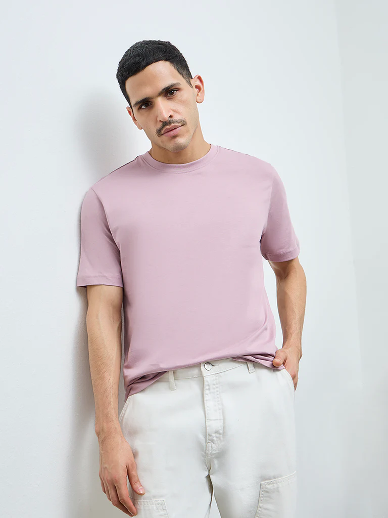 WES Casuals Mauve Solid Slim-Fit Cotton T-Shirt