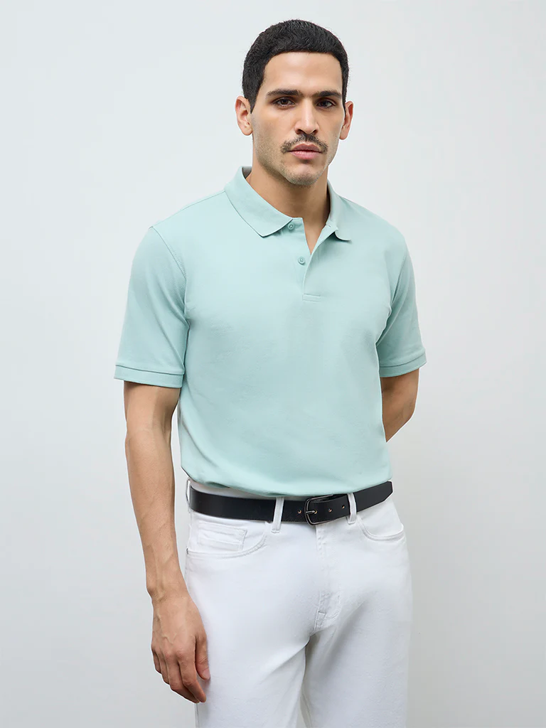 WES Casuals Mint Solid Relaxed-Fit Cotton-Blend Polo T-Shirt
