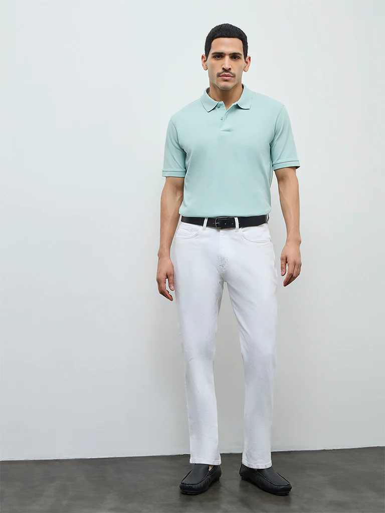 WES Casuals Mint Solid Relaxed-Fit Cotton-Blend Polo T-Shirt - Image 3