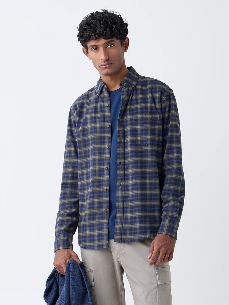 WES Casuals Navy Check Design Relaxed-Fit Cotton Shirt