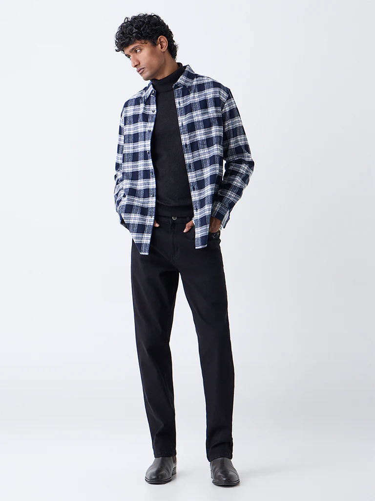 WES Casuals Navy Check Design Relaxed-Fit Cotton Shirt - Image 2