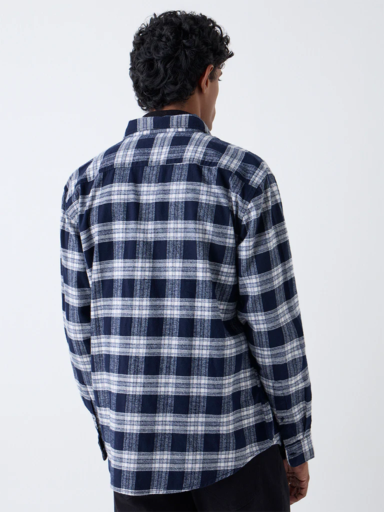 WES Casuals Navy Check Design Relaxed-Fit Cotton Shirt - Image 4