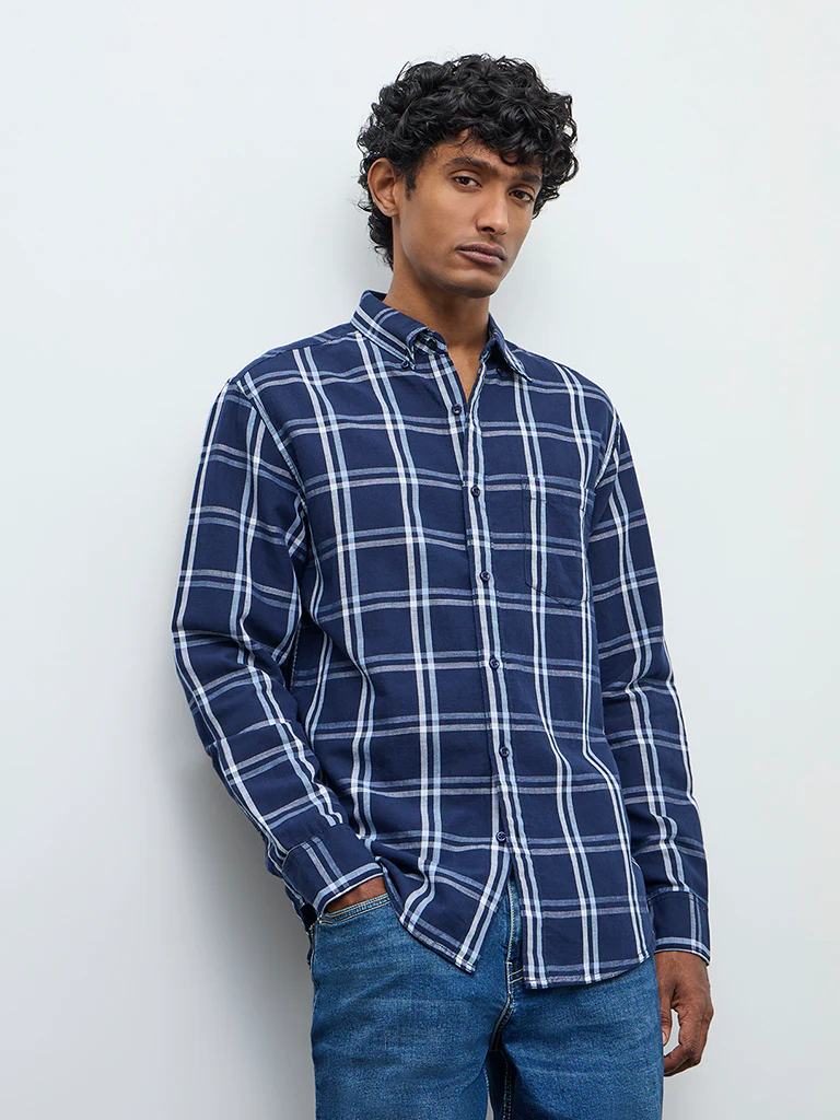 WES Casuals Navy Check Relaxed Fit Cotton-Blend Shirt