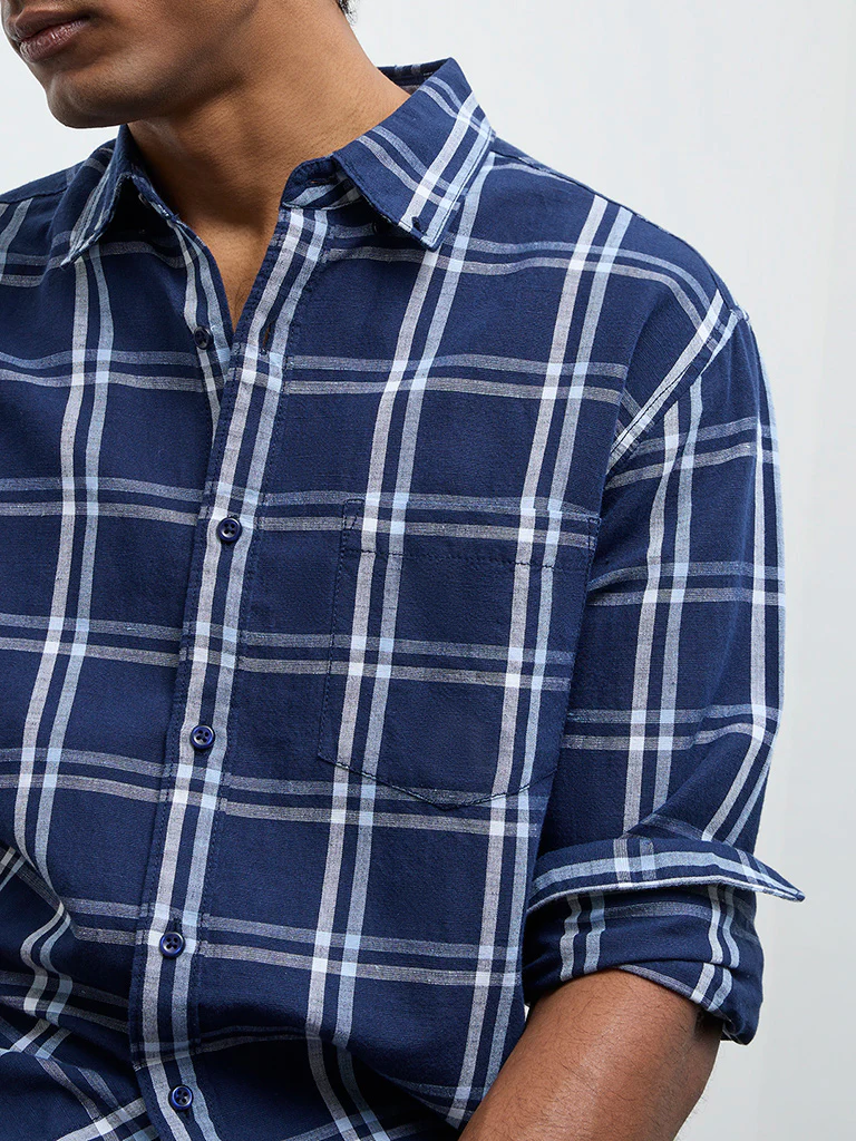 WES Casuals Navy Check Relaxed Fit Cotton-Blend Shirt - Image 3