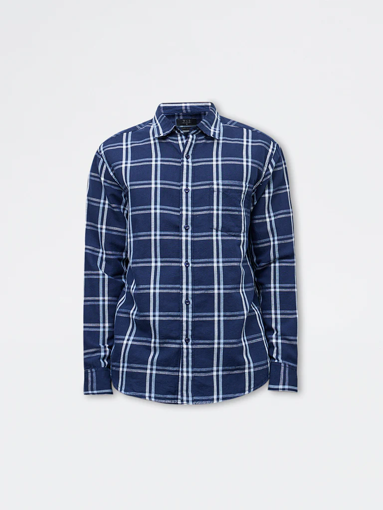 WES Casuals Navy Check Relaxed Fit Cotton-Blend Shirt - Image 5
